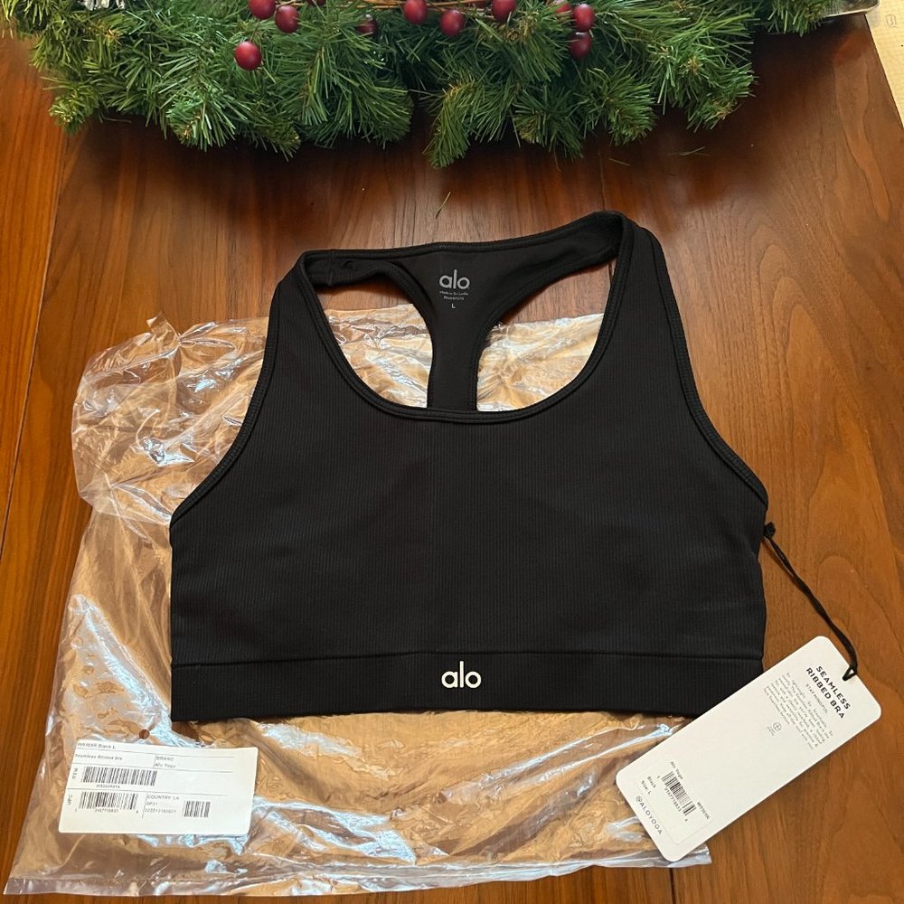 Alo Yoga Seamless Ribbed Bra Black Size Large L NEW WITH TAGS!